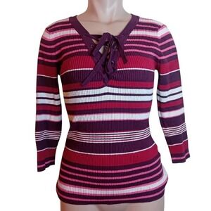 Women's Y2K New York & Company Striped Ribbed Lace-Up 3/4 Sleeve‎ Top XL READ